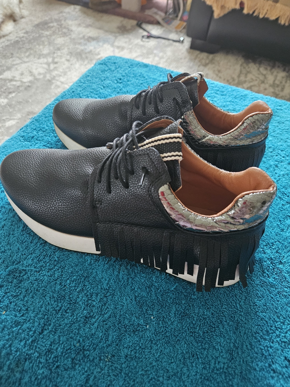 Shu Shop Women’s Black Fringe Casual Sneakers with Metallic Accent